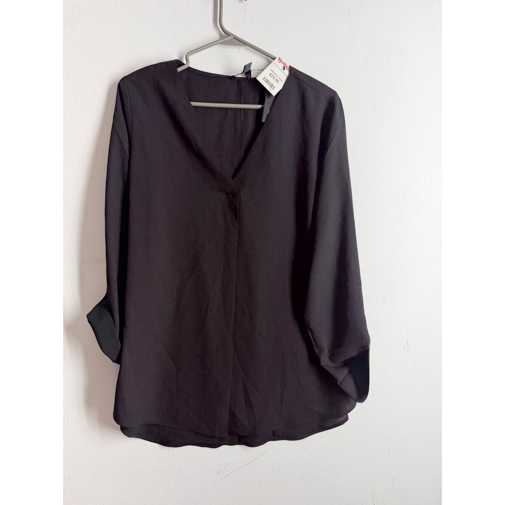 Jones New York Signature Black V-Neck Roll Tab Sleeve Blouse Top Medium NWT